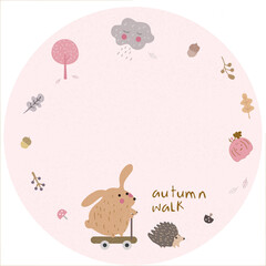 Vector illustration of Autumn print.Hare and headhog walking in Autumn.Animal and nature cartoon.