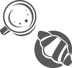 Croissants with a cup of coffee isolated on white background. Vector black and white illustration. Great for labels, menus, posters, banners, vouchers, coupons, business promotion and more.