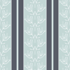 Vector Peony Leaves Line Art on Stripes seamless pattern background.