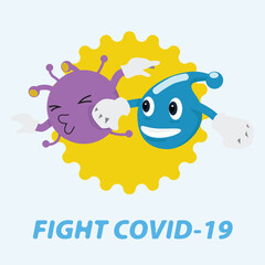 Cartoon concept of Alcohol stings into the face of Covid-19. The fight to save the world.