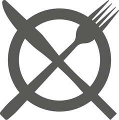 A plate with crossed cutlery. Vector black and white illustration. Great for labels, menus, posters, banners, vouchers, coupons, business promotion and more.