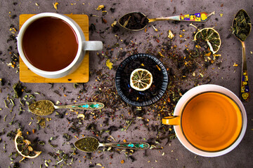 Herbal and dry tea set, variation and collection of tea and vintage spoons