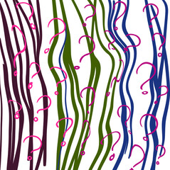 Distorted question marks are placed over the striped background.