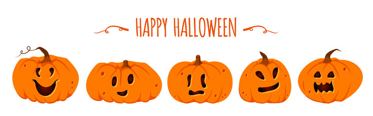 Halloween pumpkins paper cut set. Different shapes squash with carved cute faces emotion. Sign creepy funny cute cutting pumpkin smile. Decor for October horror party invitation. Vector illustration