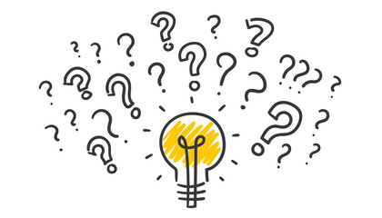 Idea, light bulb, question, question marks - 383016699