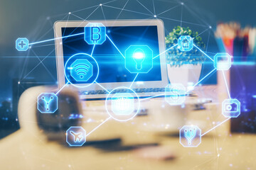Computer on desktop with social network hologram. Multi exposure. Concept of international people connections.