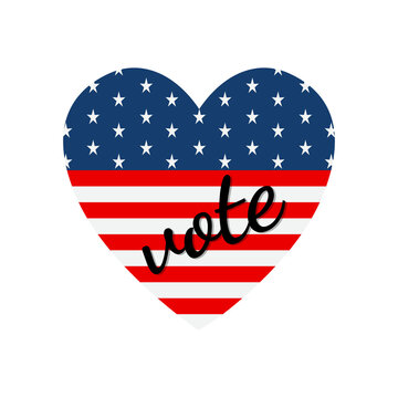 VOTE election sign badge with American flag stars and stripes pattern in blue red white colors. Presidential political campaign slogan