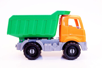 Toy truck isolated on white background, close-up