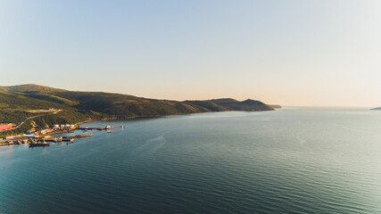Sea bay surrounded by mountains. Peninsula Kony. The Sea of Okhotsk. Magadan Region. Russia.