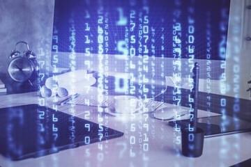 Fototapeta premium Double exposure of laptop computer and technology theme hologram. Concept of freelance work.