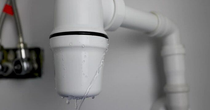 closeup of leaking sink trap. broken siphon. wastewater leakage