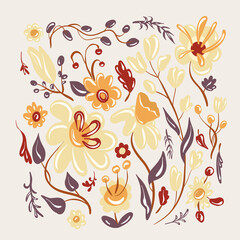 Set of cute flowers in cartoon style. Elements for the design of textiles, cards, t-shirts. Floral flat hand drawn colour background. Scandinavian style.
