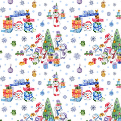New year pattern with the image of snowmen gifts and a Christmas tree.
