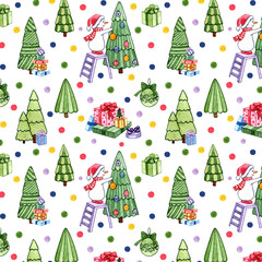 Beautiful pattern with a snowman and Christmas trees