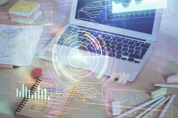 Double exposure of computer and technology theme hud. Concept of innovation.