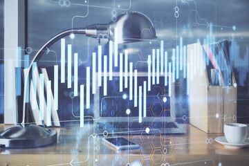 Financial market graph hologram and personal computer on background. Double exposure. Concept of forex.