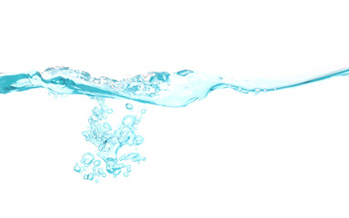 Water wave splash clean blue and bubbles isolated on white water background with copy space