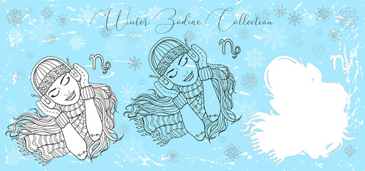 Doodle set with Capricorn zodiac symbol. Girl listening to music in headphones against snowy background. Vector hand drawn winter illustration, line art design element, esoteric and mystic background