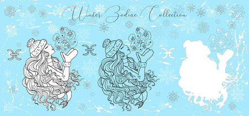 Doodle set with Pisces zodiac symbol. Girl kissing the air against snowy background. Vector hand drawn winter illustration, line art design element, esoteric and mystic background