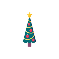 Xmas tree with garlands and star flat icon, vector sign, Festive Christmas tree colorful pictogram isolated on white. Symbol, logo illustration. Flat style design