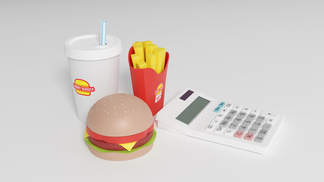 3DCG rendering photo-realistic illustration of a toy hamburger set and a calculator on a flat surface.