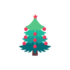 Xmas tree with red decorations flat icon, vector sign, Christmas tree with star and balls colorful pictogram isolated on white. Symbol, logo illustration. Flat style design