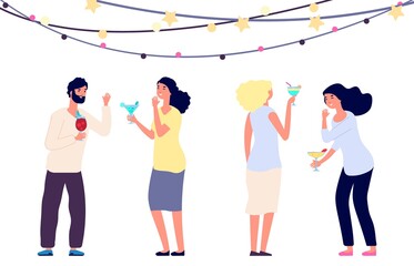 Obraz premium Happy drinking people. Cocktail party, women and man laughing isolated on white background. People celebrate holiday vector illustration. People happy drink party, woman and man celebration cocktail