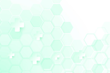 Green color of abstract healthy and medical background. Technology and science wallpaper template with hexagonal shape. Soft blue color medical banner. Modern template with space for text.