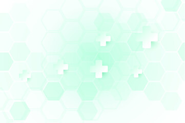 Green color of abstract healthy and medical background. Technology and science wallpaper template with hexagonal shape. Soft blue color medical banner. Modern template with space for text.