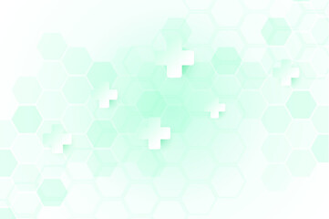 Green color of abstract healthy and medical background. Technology and science wallpaper template with hexagonal shape. Soft blue color medical banner. Modern template with space for text.