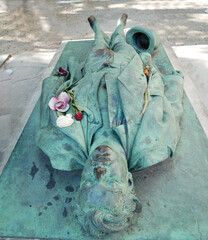 Paris, France - 2020 : Graves in the cemetery of "Père Lachaise". Tomb of Victor Noir