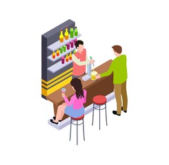 Night bar. Woman drinking wine, man with glass of beer. Bartender spills drinks. Isomentric bar counter, date in club vector illustration. Entertainment nightclub, drinking and relaxing