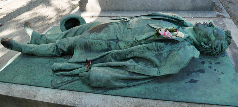 Paris, France - 2020 : Graves in the cemetery of "Père Lachaise". Tomb of Victor Noir