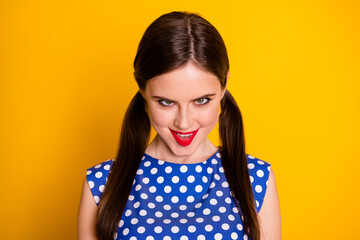 Close-up portrait of her she nice attractive lovely funky scary brown-haired girl grimacing scaring...