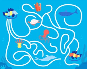 Children maze game. Kindergarten leisure, fun colorful animal labyrinth. Kids find solution play, sea life puzzle map vector illustration. Preschool game, kindergarten play with animal underwater