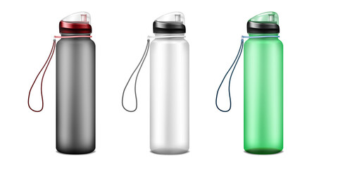 Transparent plastic water bottle with carry strap isolated on white background, vector mock-up. Sport fitness flask, template. Color set. Easy to recolor