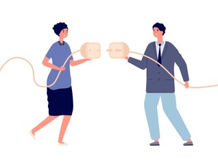 Business power connection. Electricity powering, woman cooperation with man. Cable plug connect, intersexual partnership vector illustration. Business power wire, cord connected