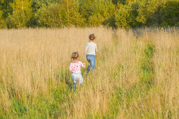 a Sunny summer day a child runs around the field with rye