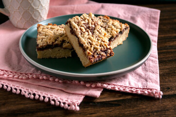 crumble pie with fruit jam, delicious dessert. close up. Home kitchen bakery.