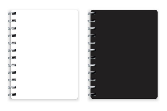 Mock up of black and white notebooks. Notepad on a spiral. Sketchbook in two colors. Vector illustration. Stock image.