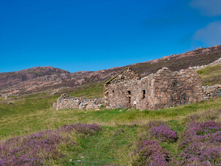 An abandoned, derelict farmhouse and out buildings near North Ham on Muckle Roe, Shetland, UK - taken on a sunny day with a clear sky in summer © Alan
