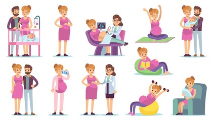 Pregnant woman daily life. Female waiting for child leisure time during pregnancy concept, doing yoga, medical examination parents with newborn cartoon flat vector characters