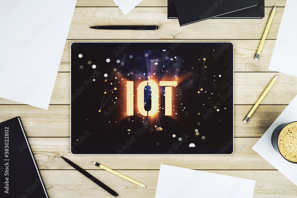 Poster Modern digital tablet monitor with creative IOT hologram, research and development concept. Top view. 3D Rendering