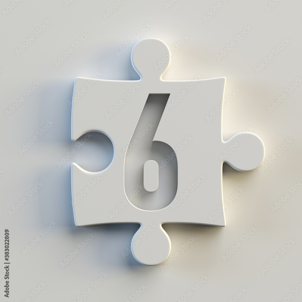 Poster jigsaw font 3d rendering, puzzle piece number 6