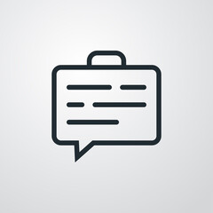 Información de viajes. Preguntas más frecuentes. Logotipo líneas en maletín como burbuja de habla en fondo gris