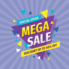 Naklejka na ściany i meble Mega sale discount up to 50% off vector layout concept illustration. Abstract advertising promotion banner. Creative background. Special offer. Shop now. Graphic design elements. 