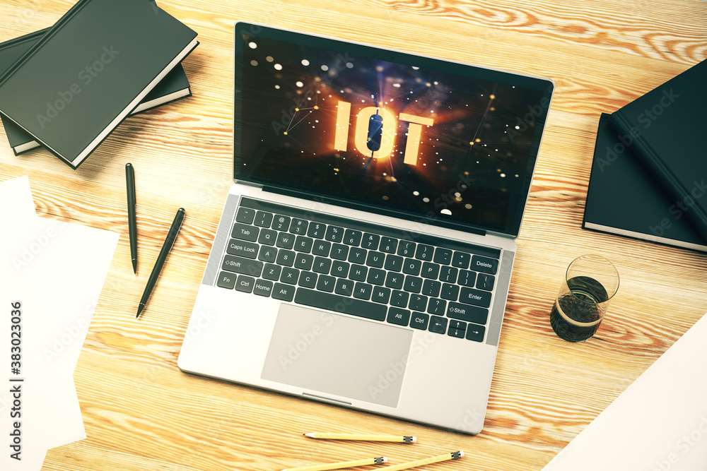 Poster modern computer monitor with creative iot hologram, research and development concept. 3d rendering