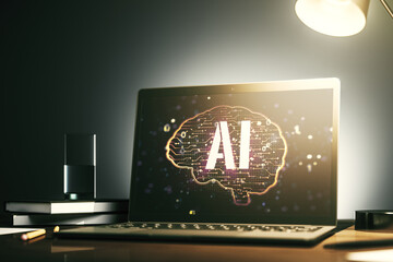 Modern computer monitor with creative artificial Intelligence symbol. Neural networks and machine learning concept. 3D Rendering