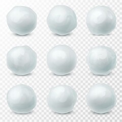 Snowballs. Snow and ice spheres for winter kids fight game, realistic round hailstones, frozen elements for christmas holidays 3d vector isolated on transparent background set