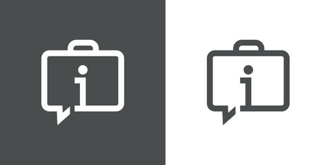 Información de viajes. Preguntas más frecuentes. Logotipo lineal letra i en maletín como burbuja de habla en fondo gris y fondo blanco © teracreonte